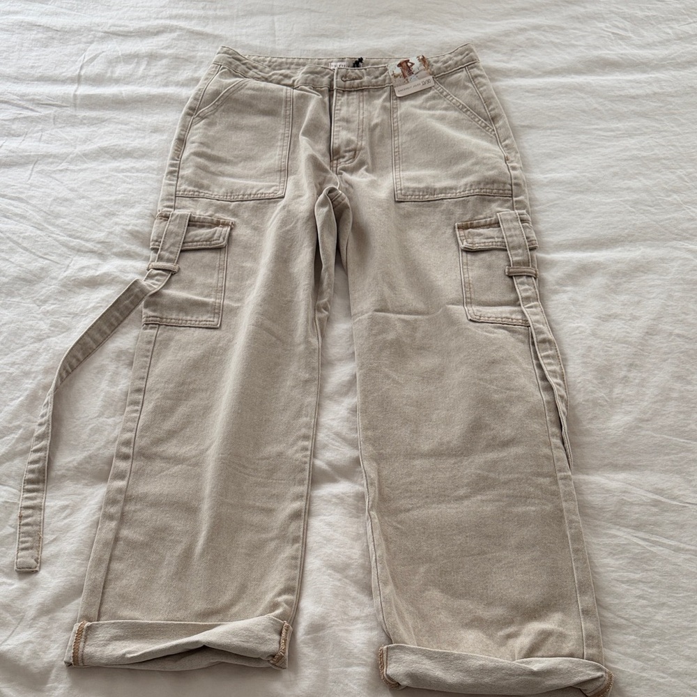 Sincerely Jules Beige Wide-Leg Cargo Flare Pants